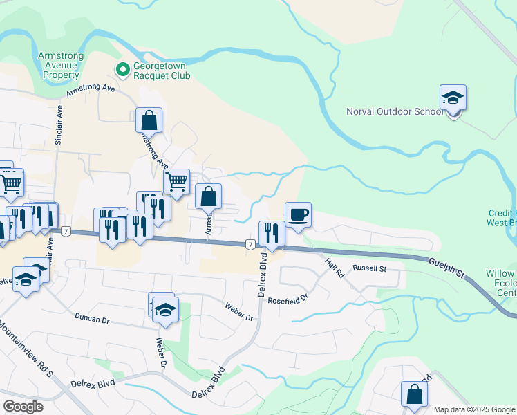 map of restaurants, bars, coffee shops, grocery stores, and more near McFarlane Drive in Halton Hills