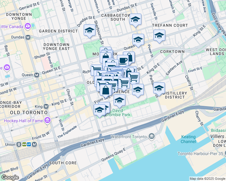 map of restaurants, bars, coffee shops, grocery stores, and more near 263 King Street East in Toronto