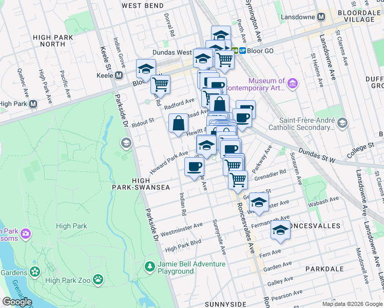map of restaurants, bars, coffee shops, grocery stores, and more near 396 Sunnyside Avenue in Toronto