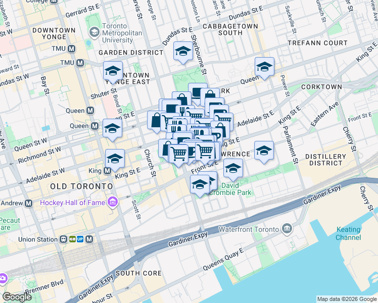 map of restaurants, bars, coffee shops, grocery stores, and more near 168 King Street East in Toronto