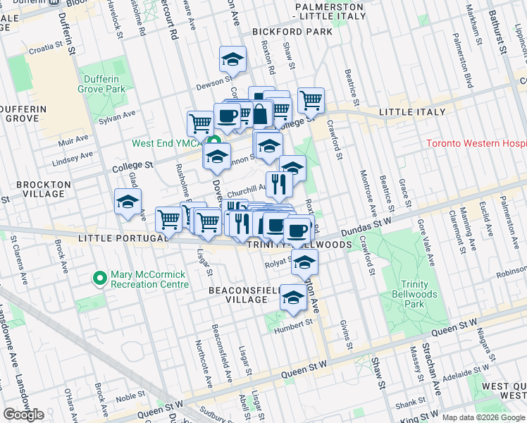 map of restaurants, bars, coffee shops, grocery stores, and more near 41 Lakeview Avenue in Toronto