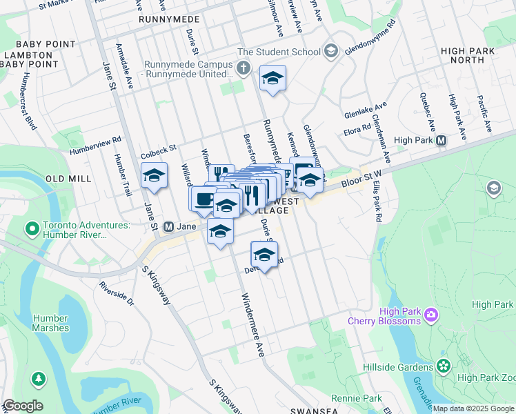 map of restaurants, bars, coffee shops, grocery stores, and more near 2272 Bloor Street West in Toronto
