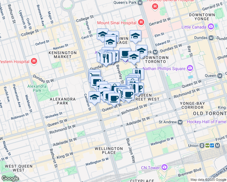 map of restaurants, bars, coffee shops, grocery stores, and more near 14 Phoebe Street in Toronto