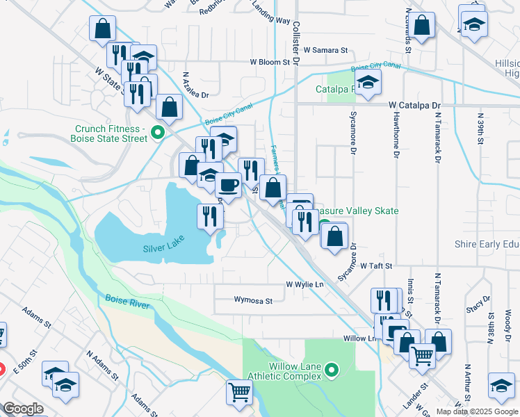 map of restaurants, bars, coffee shops, grocery stores, and more near West State Street in Boise