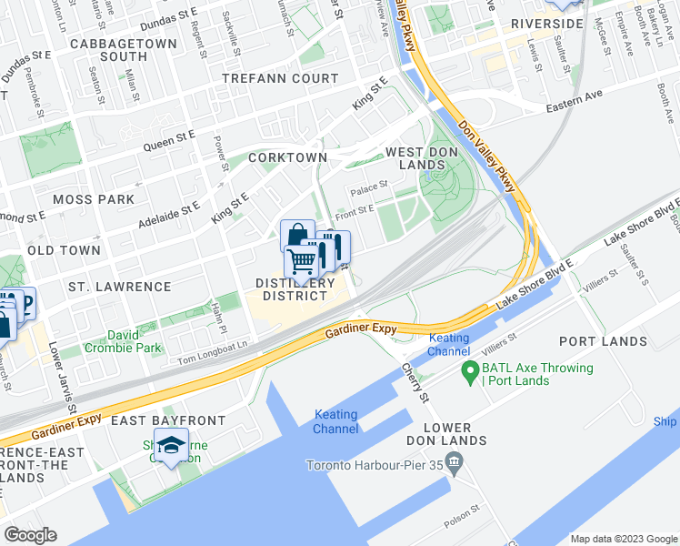 map of restaurants, bars, coffee shops, grocery stores, and more near 50 Tank House Lane in Toronto