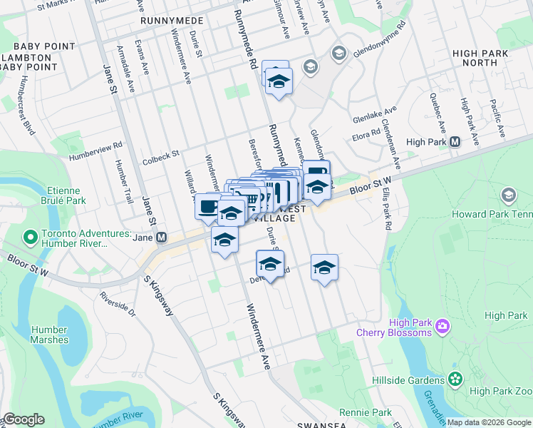 map of restaurants, bars, coffee shops, grocery stores, and more near 2266 Bloor Street West in Toronto