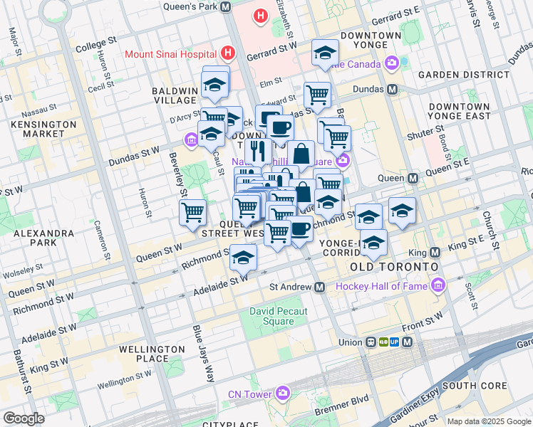 map of restaurants, bars, coffee shops, grocery stores, and more near 180 Queen Street West in Toronto