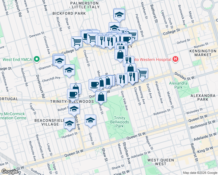 map of restaurants, bars, coffee shops, grocery stores, and more near 2C Beatrice Street in Toronto