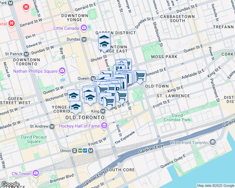 map of restaurants, bars, coffee shops, grocery stores, and more near 55 Adelaide Street East in Toronto