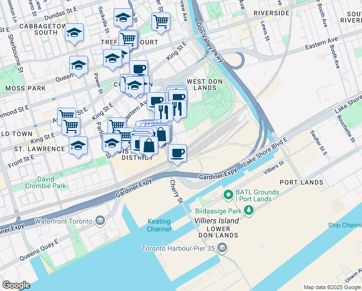 map of restaurants, bars, coffee shops, grocery stores, and more near 455 Front Street East in Toronto