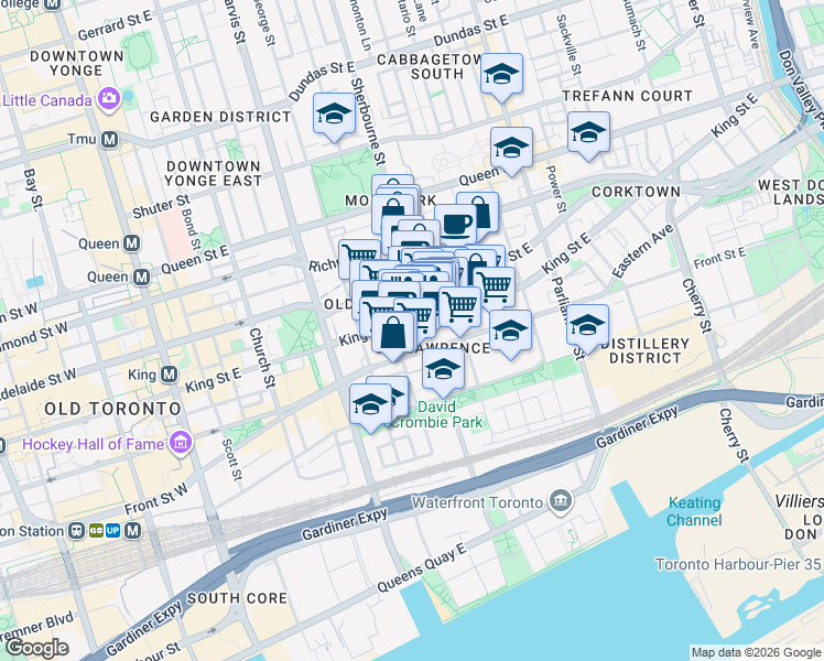 map of restaurants, bars, coffee shops, grocery stores, and more near 263 King Street East in Toronto