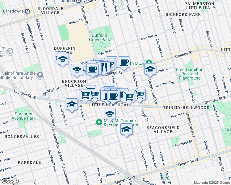 map of restaurants, bars, coffee shops, grocery stores, and more near in Toronto