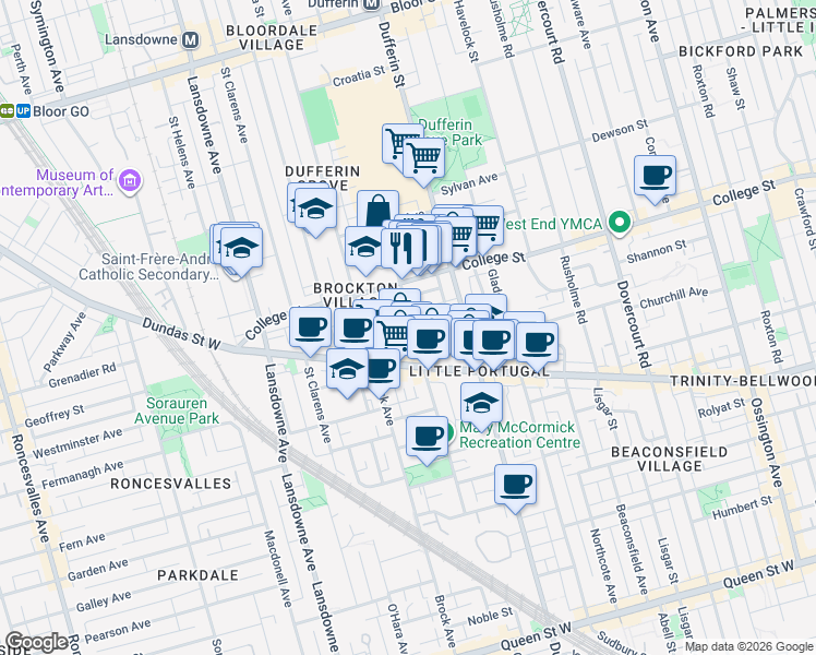 map of restaurants, bars, coffee shops, grocery stores, and more near 156 Sheridan Avenue in Toronto