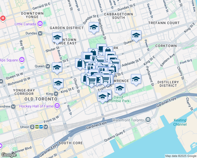 map of restaurants, bars, coffee shops, grocery stores, and more near 168 King Street East in Toronto