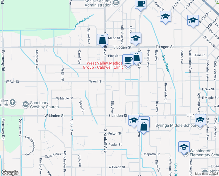 map of restaurants, bars, coffee shops, grocery stores, and more near 202 East Ash Street in Caldwell