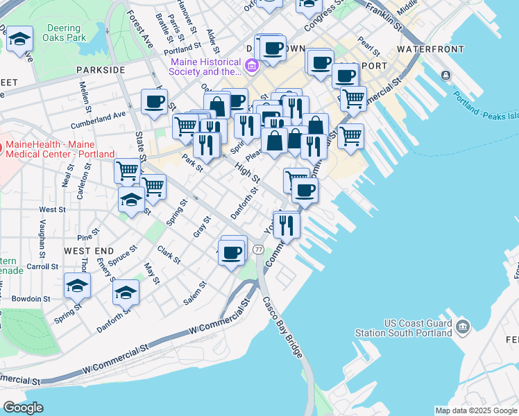 map of restaurants, bars, coffee shops, grocery stores, and more near 96 Danforth Street in Portland