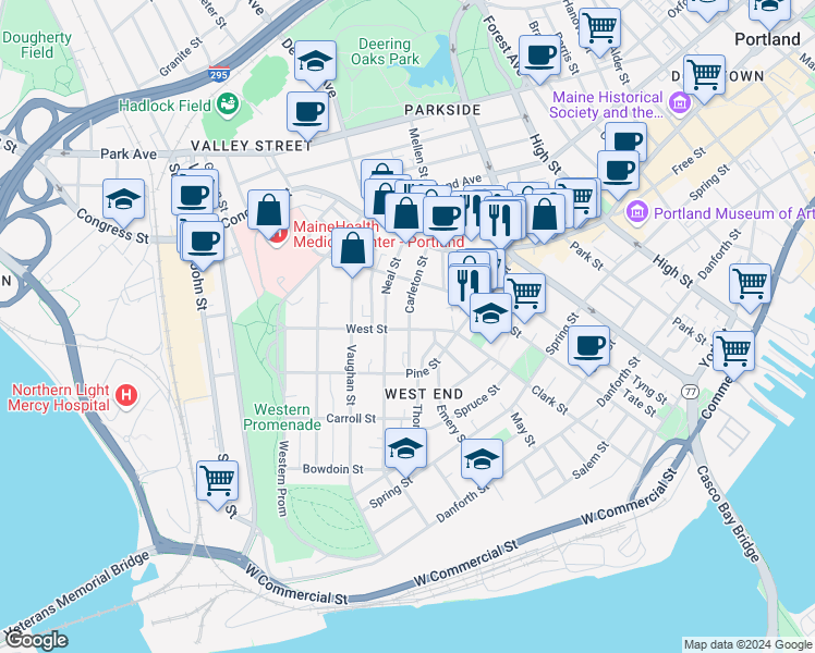 map of restaurants, bars, coffee shops, grocery stores, and more near 43 Carleton Street in Portland