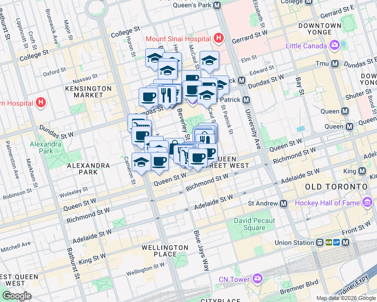 map of restaurants, bars, coffee shops, grocery stores, and more near in Toronto