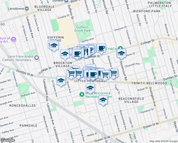 map of restaurants, bars, coffee shops, grocery stores, and more near in Toronto