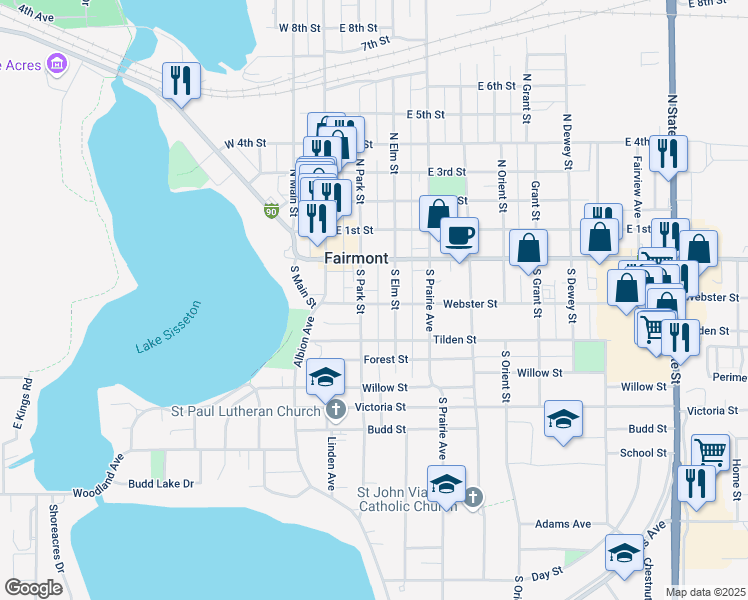 map of restaurants, bars, coffee shops, grocery stores, and more near in Fairmont