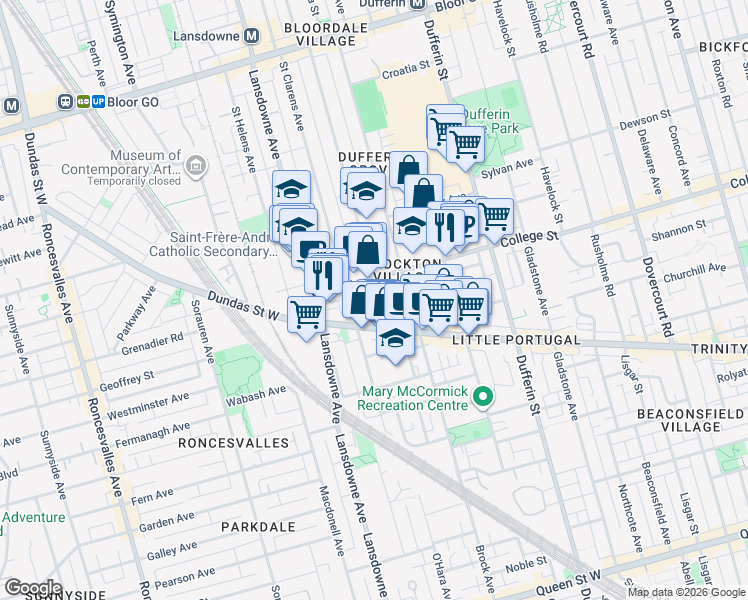 map of restaurants, bars, coffee shops, grocery stores, and more near 34 Margueretta Street in Toronto