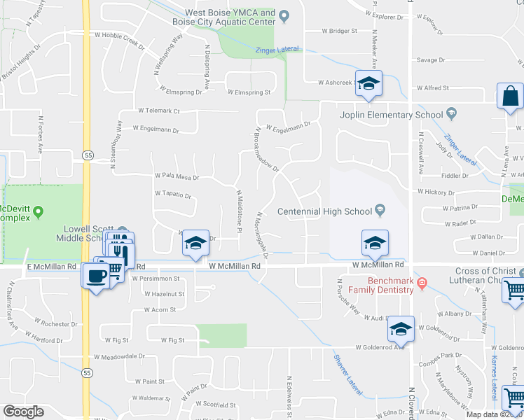 map of restaurants, bars, coffee shops, grocery stores, and more near 4767 North Morninggale Way in Boise