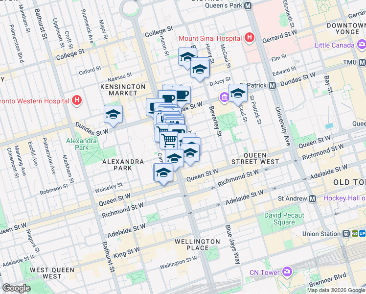 map of restaurants, bars, coffee shops, grocery stores, and more near 79 Sullivan Street in Toronto