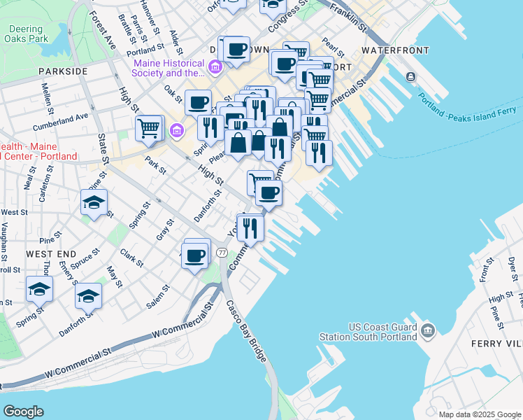 map of restaurants, bars, coffee shops, grocery stores, and more near 383 Commercial Street in Portland