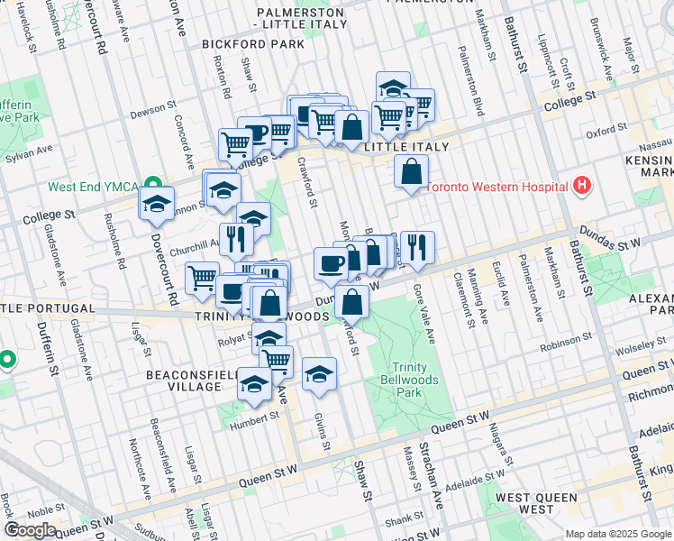 map of restaurants, bars, coffee shops, grocery stores, and more near 277 Crawford Street in Toronto