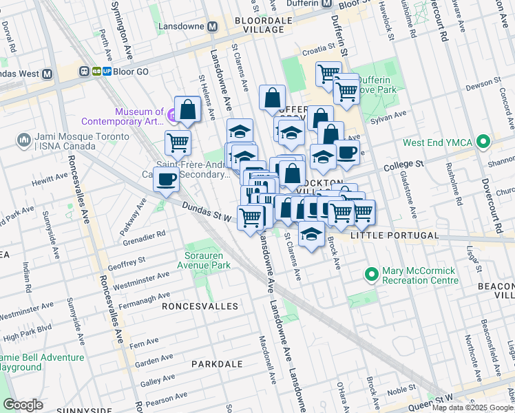 map of restaurants, bars, coffee shops, grocery stores, and more near College St & Lansdowne Ave in Toronto