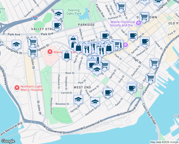 map of restaurants, bars, coffee shops, grocery stores, and more near 65 Pine Street in Portland