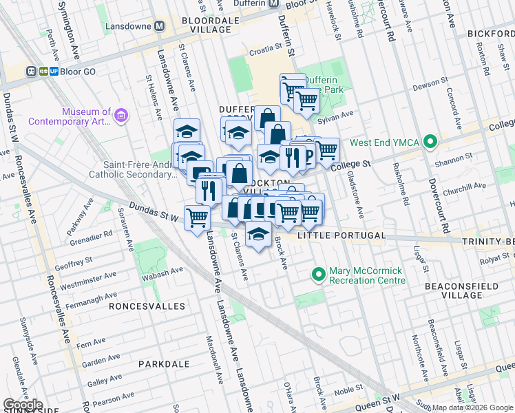 map of restaurants, bars, coffee shops, grocery stores, and more near 89 Moutray Street in Toronto