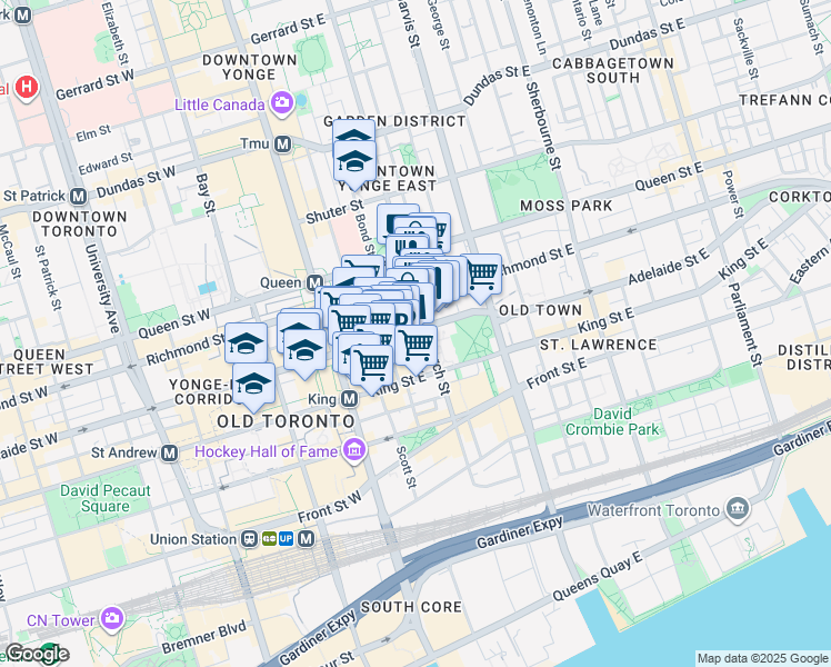 map of restaurants, bars, coffee shops, grocery stores, and more near 65 Adelaide Street East in Toronto
