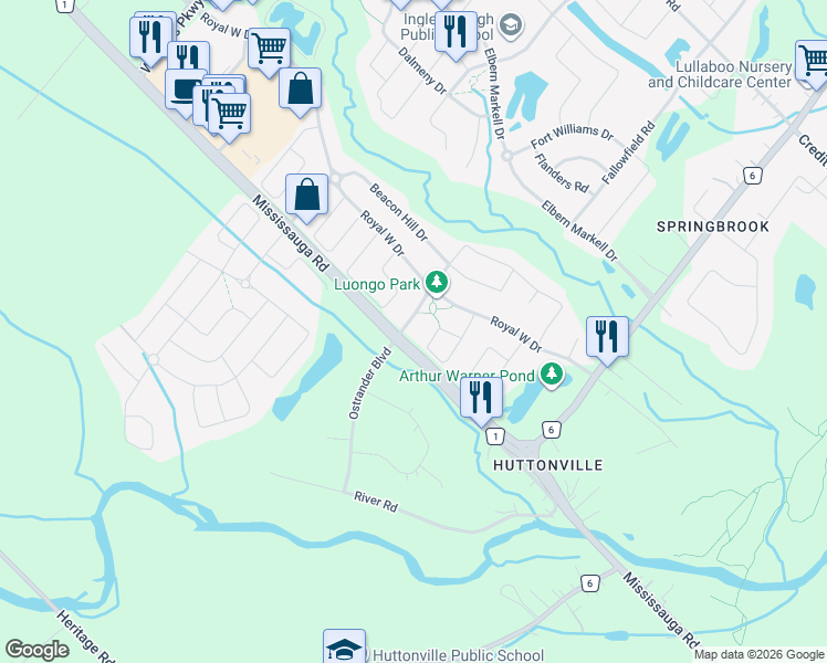 map of restaurants, bars, coffee shops, grocery stores, and more near 1 Adamsville Road in Brampton
