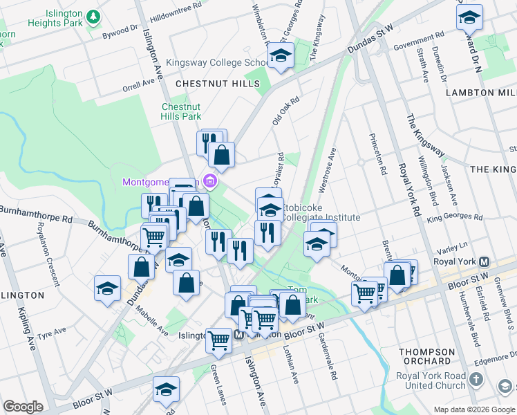 map of restaurants, bars, coffee shops, grocery stores, and more near 100 Montgomery Road in Toronto