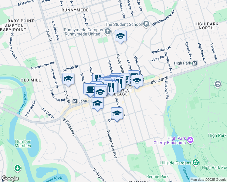map of restaurants, bars, coffee shops, grocery stores, and more near 2272 Bloor Street West in Toronto