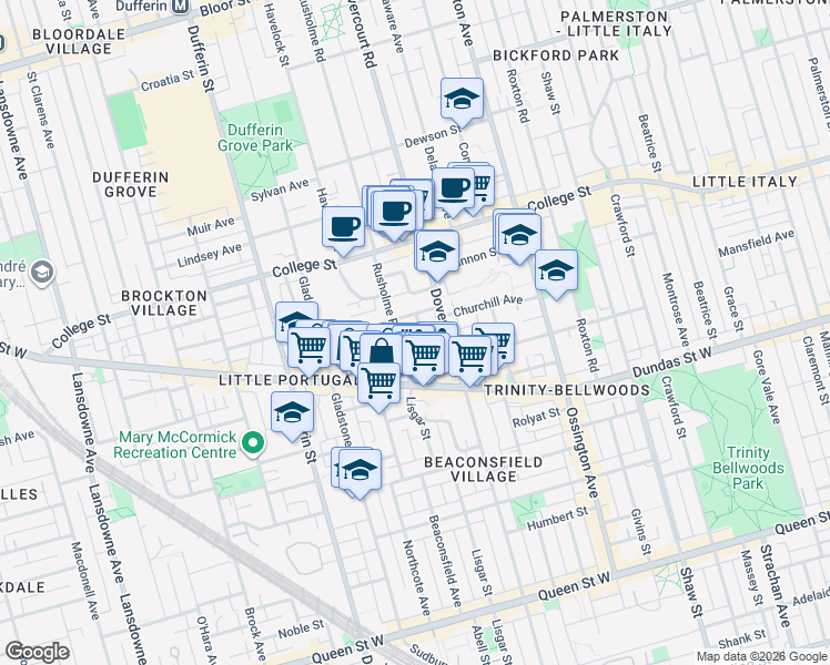 map of restaurants, bars, coffee shops, grocery stores, and more near 58 Coolmine Road in Toronto