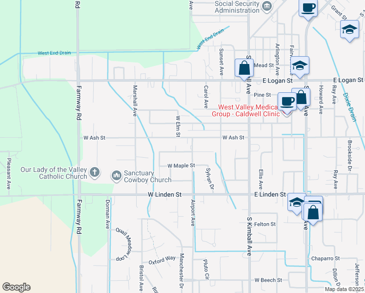 map of restaurants, bars, coffee shops, grocery stores, and more near 603 West Ash Street in Caldwell