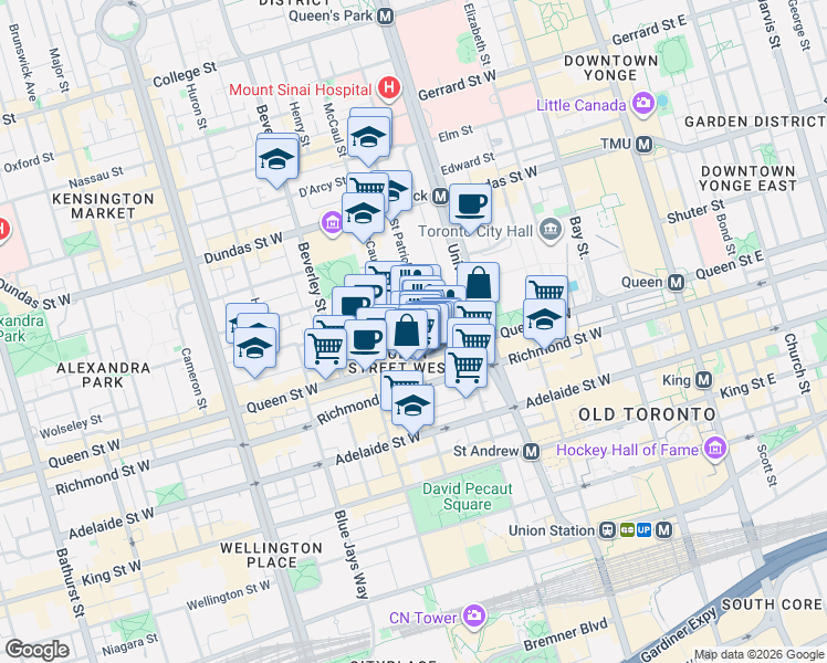 map of restaurants, bars, coffee shops, grocery stores, and more near in Toronto