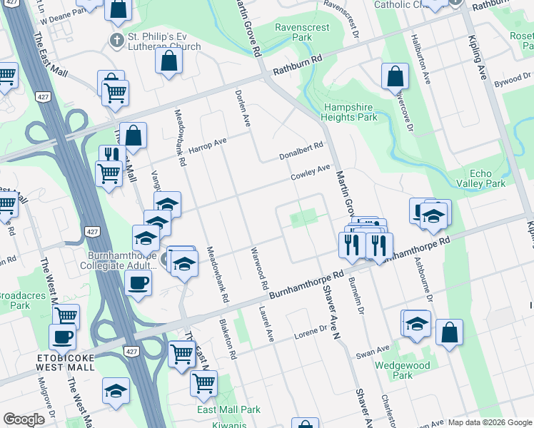 map of restaurants, bars, coffee shops, grocery stores, and more near 57 Westglen Crescent in Toronto