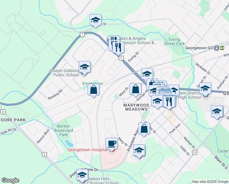 map of restaurants, bars, coffee shops, grocery stores, and more near 41 Cleaveholm Drive in Halton Hills