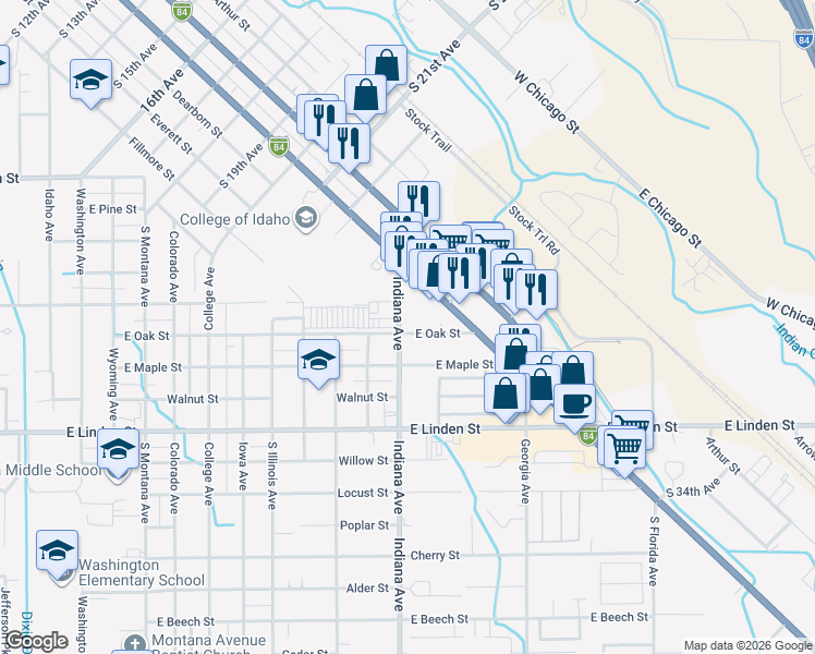 map of restaurants, bars, coffee shops, grocery stores, and more near 2101 East Oak Street in Caldwell