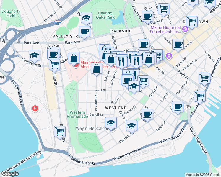 map of restaurants, bars, coffee shops, grocery stores, and more near 43 Carleton Street in Portland
