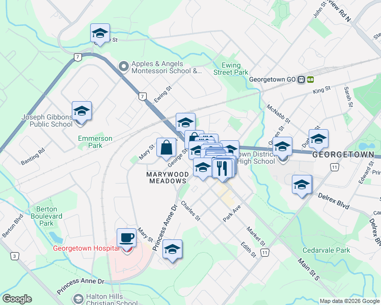 map of restaurants, bars, coffee shops, grocery stores, and more near 10 Main Street South in Halton Hills