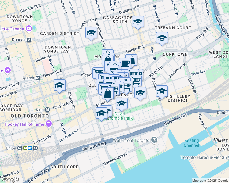map of restaurants, bars, coffee shops, grocery stores, and more near 243 King Street East in Toronto