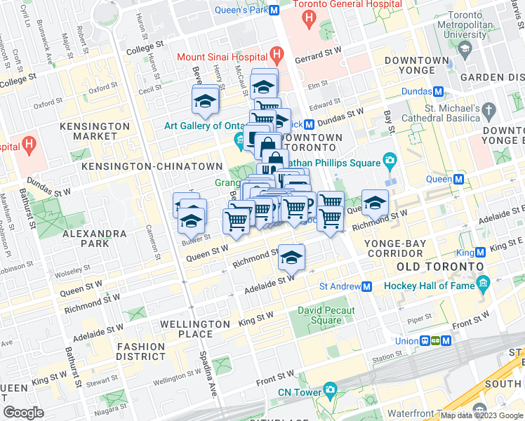 map of restaurants, bars, coffee shops, grocery stores, and more near 179 John Street in Toronto