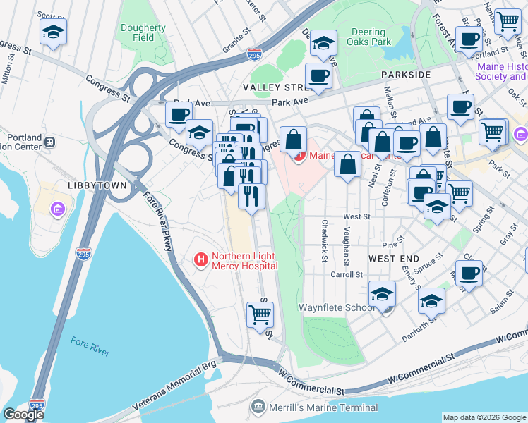 map of restaurants, bars, coffee shops, grocery stores, and more near 200 Valley Street in Portland