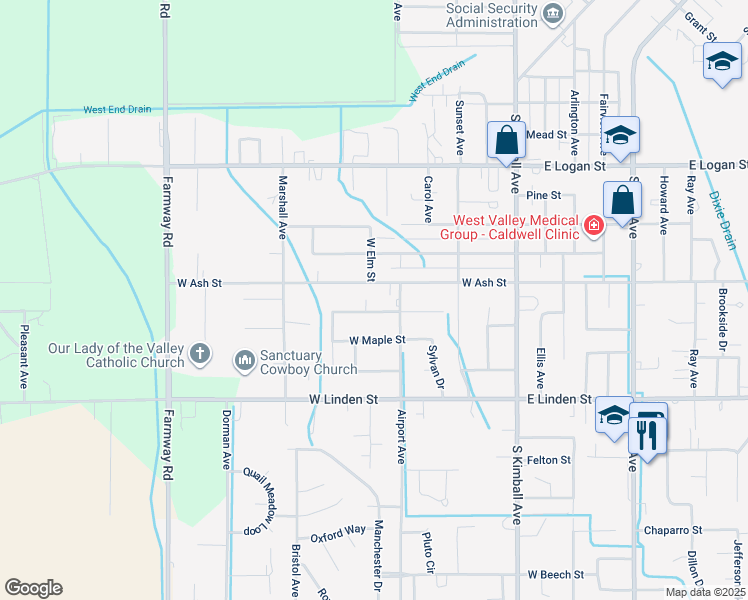 map of restaurants, bars, coffee shops, grocery stores, and more near 520 West Oak Street in Caldwell