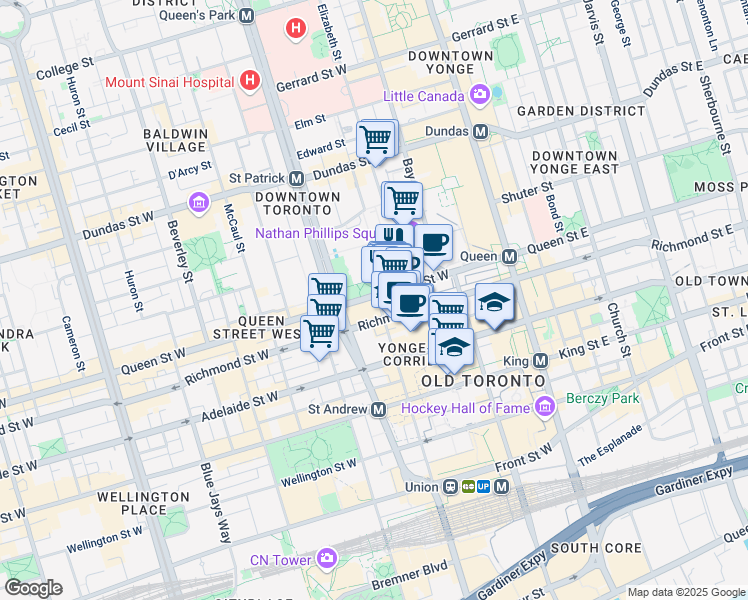 map of restaurants, bars, coffee shops, grocery stores, and more near 127 Queen Street West in Toronto
