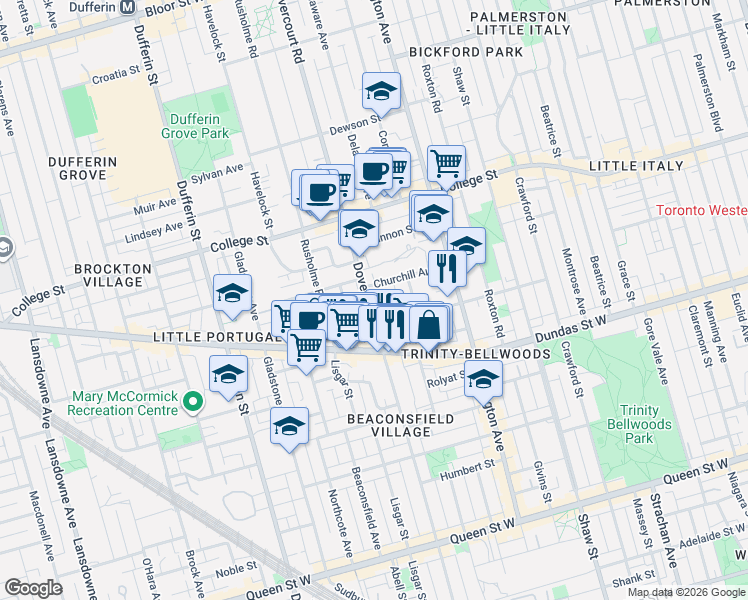 map of restaurants, bars, coffee shops, grocery stores, and more near 339 Dovercourt Road in Toronto